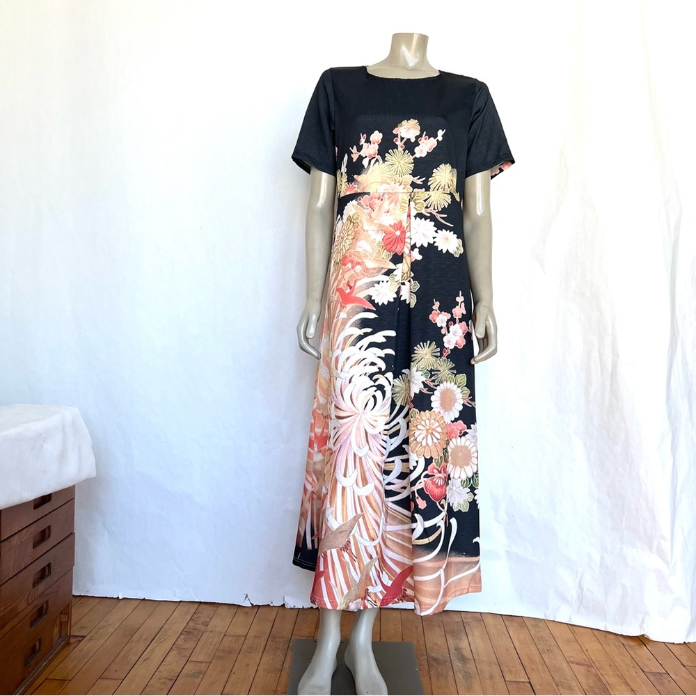 Vintage Floral Black and Pink Maxi Dress
